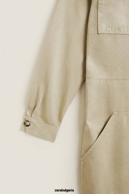 Zara облекло 66FT1820 Жени градински гащеризон с дълъг ръкав тъмно бежово