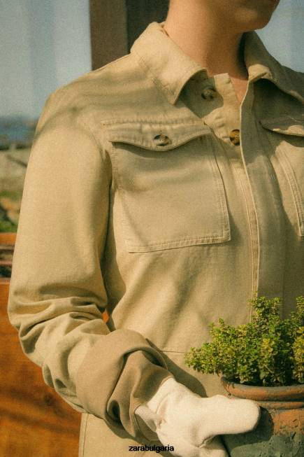 Zara облекло 66FT1820 Жени градински гащеризон с дълъг ръкав тъмно бежово