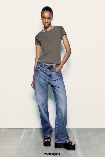 Zara облекло 66FT942 Жени памучна тениска с шевове тъмен антрацит