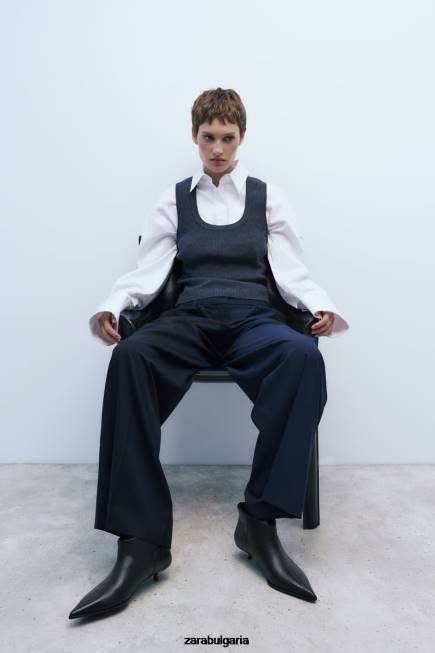 Zara обувки 66FT729 Жени кожени ботуши с котешки ток черен