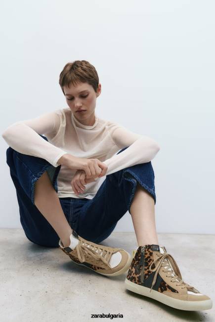 Zara обувки 66FT733 Жени кожени високи кецове с животински принт леопард