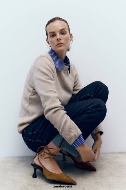 Zara обувки 66FT736 Жени кожени токчета с връзки кафяво