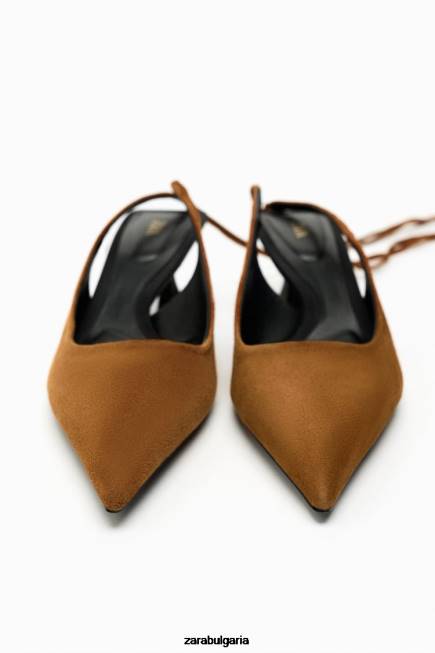 Zara обувки 66FT736 Жени кожени токчета с връзки кафяво