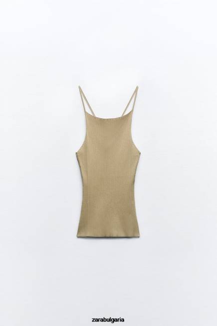 Zara облекло 66FT476 Жени оребрено плетено горнище маслинено зелено