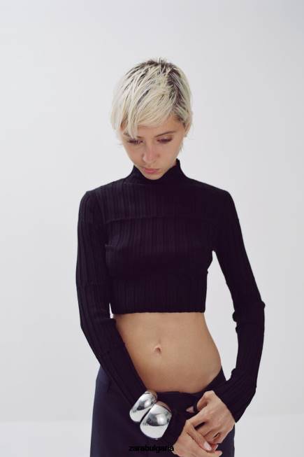 Zara облекло 66FT480 Жени изрязан оребрен плетен пуловер черен