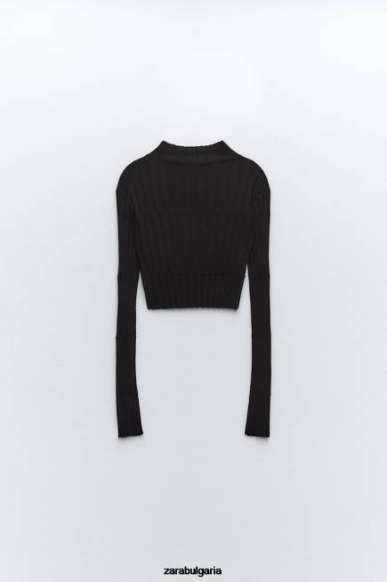 Zara облекло 66FT480 Жени изрязан оребрен плетен пуловер черен