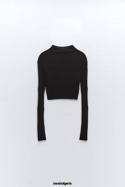 Zara облекло 66FT480 Жени изрязан оребрен плетен пуловер черен