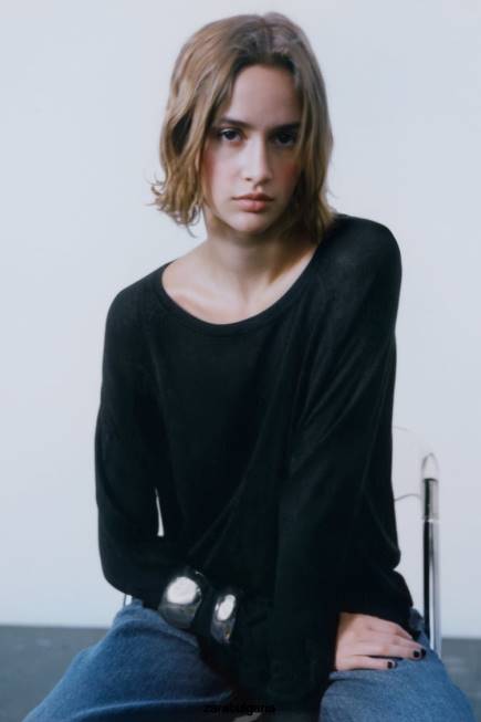 Zara облекло 66FT878 Жени основен плетен пуловер черен