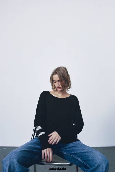 Zara облекло 66FT878 Жени основен плетен пуловер черен