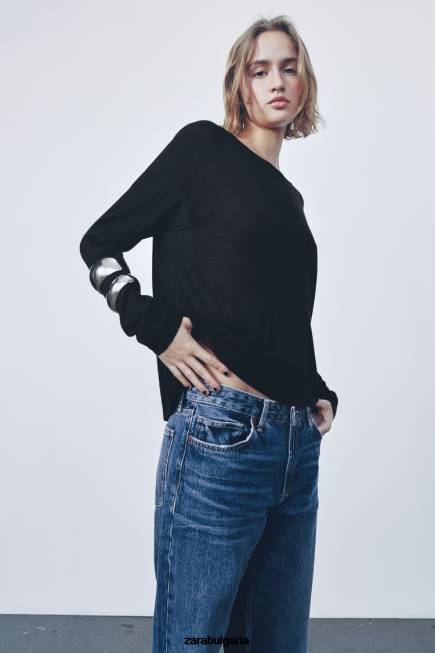 Zara облекло 66FT878 Жени основен плетен пуловер черен