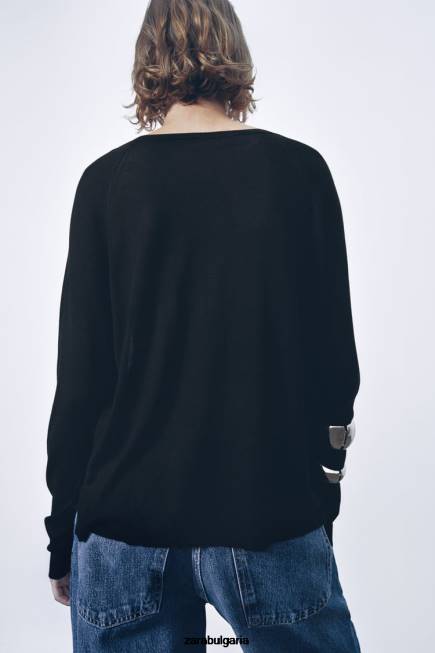 Zara облекло 66FT878 Жени основен плетен пуловер черен