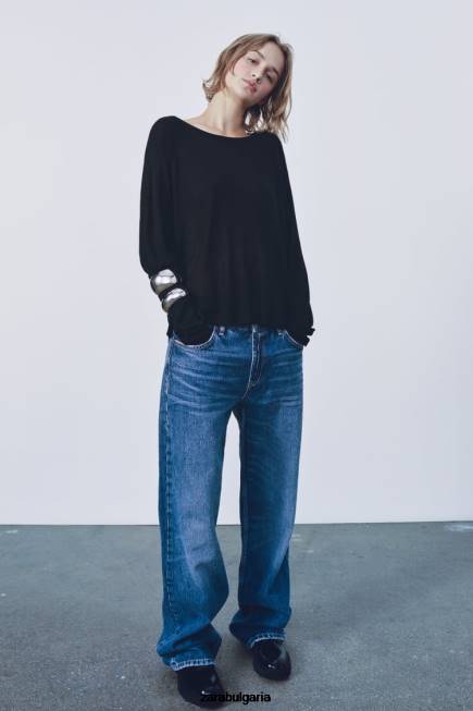 Zara облекло 66FT878 Жени основен плетен пуловер черен