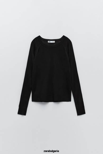 Zara облекло 66FT878 Жени основен плетен пуловер черен