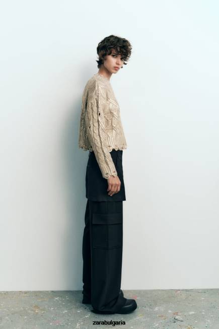 Zara облекло 66FT941 Жени кабелен плетен метален пуловер светла норка