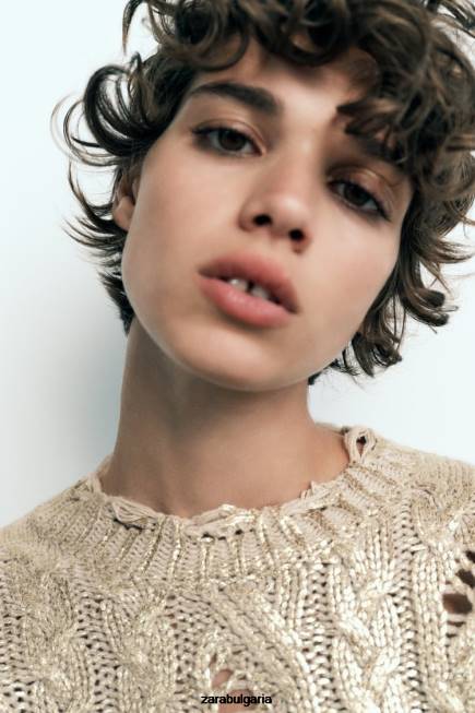 Zara облекло 66FT941 Жени кабелен плетен метален пуловер светла норка