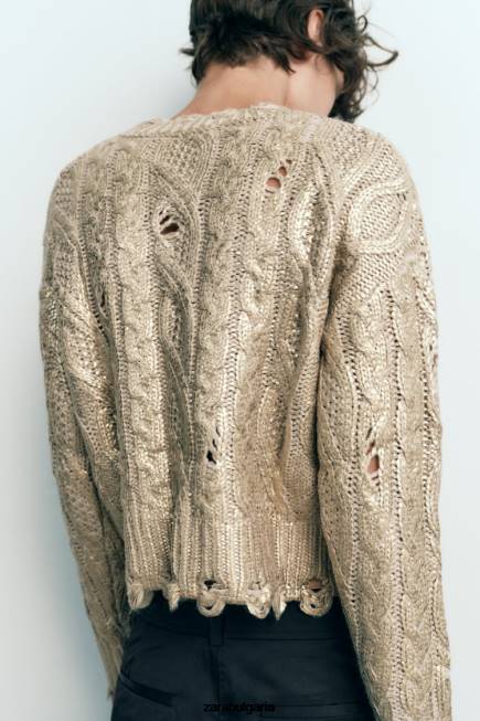 Zara облекло 66FT941 Жени кабелен плетен метален пуловер светла норка