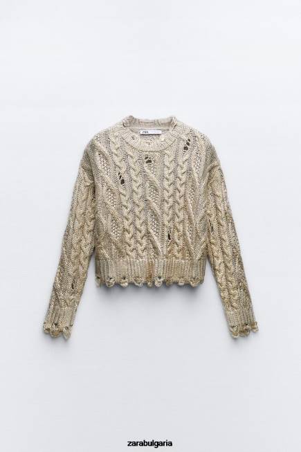Zara облекло 66FT941 Жени кабелен плетен метален пуловер светла норка