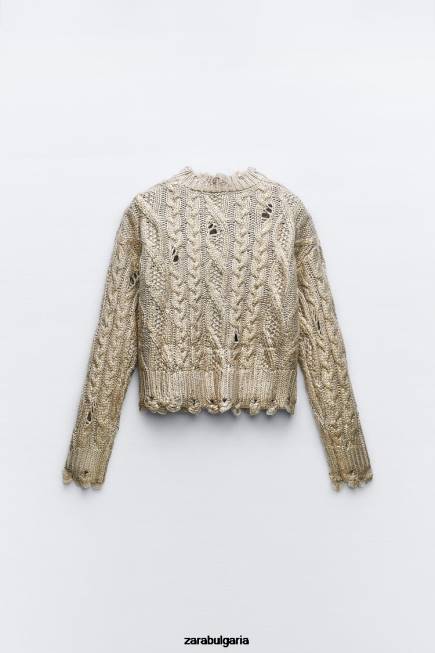 Zara облекло 66FT941 Жени кабелен плетен метален пуловер светла норка