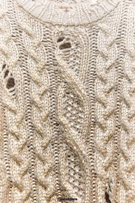 Zara облекло 66FT941 Жени кабелен плетен метален пуловер светла норка