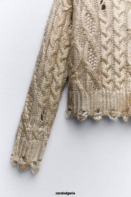 Zara облекло 66FT941 Жени кабелен плетен метален пуловер светла норка