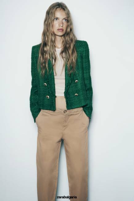 Zara облекло 66FT141 Жени протрито двуредно сако зелено
