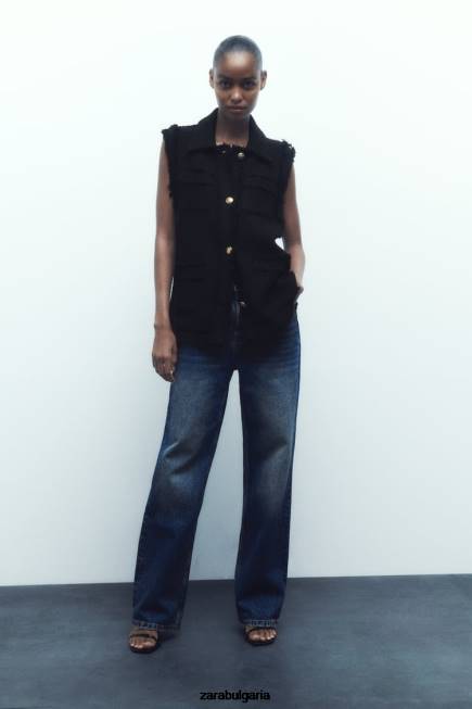 Zara облекло 66FT147 Жени жилетка с протрита тапицерия черен