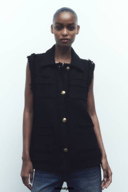 Zara облекло 66FT147 Жени жилетка с протрита тапицерия черен