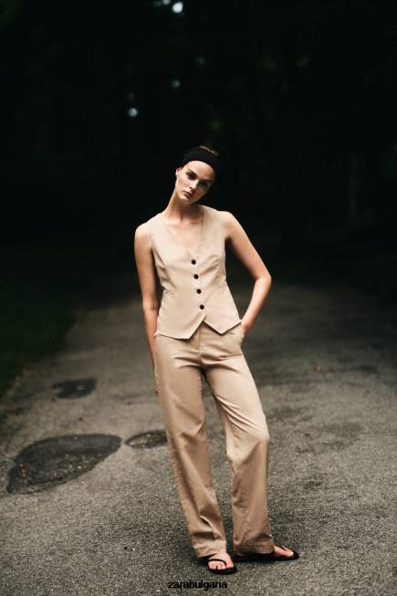 Zara облекло 66FT150 Жени жилетка от ленена смес пясък