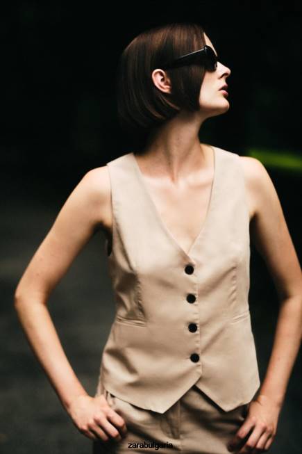 Zara облекло 66FT150 Жени жилетка от ленена смес пясък