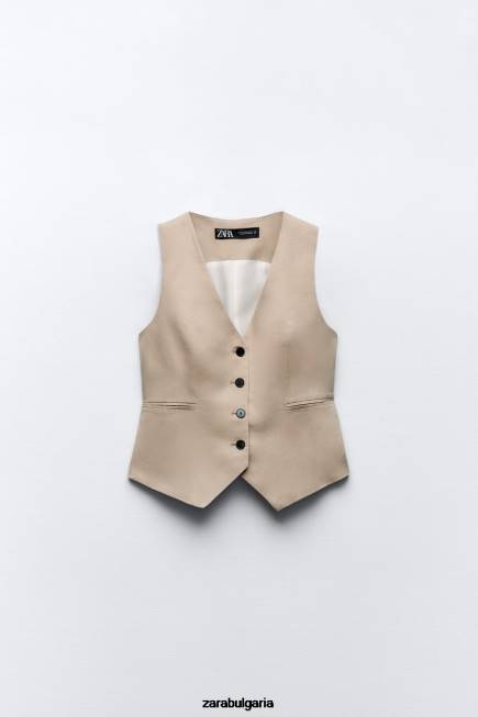 Zara облекло 66FT150 Жени жилетка от ленена смес пясък