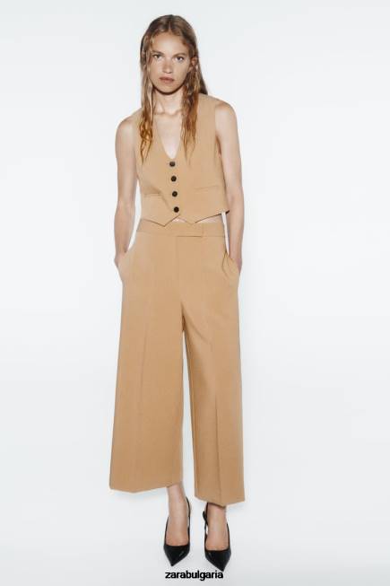 Zara облекло 66FT154 Жени вталена къса жилетка тъмнокафяво