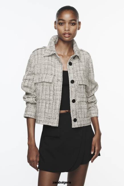 Zara облекло 66FT172 Жени структуриран блейзър с джобове екрю/черно
