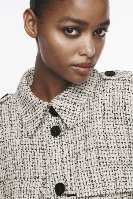 Zara облекло 66FT172 Жени структуриран блейзър с джобове екрю/черно