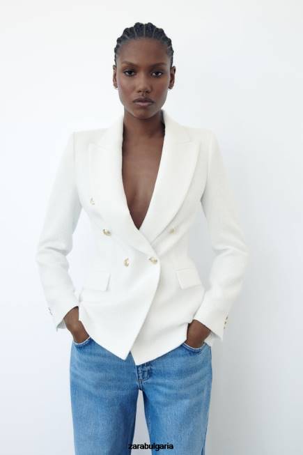 Zara облекло 66FT175 Жени двуредно яке с текстурирана тъкан бяла стрида