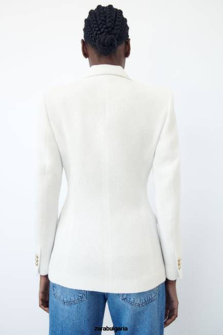 Zara облекло 66FT175 Жени двуредно яке с текстурирана тъкан бяла стрида