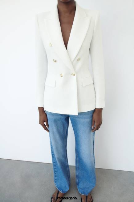 Zara облекло 66FT175 Жени двуредно яке с текстурирана тъкан бяла стрида