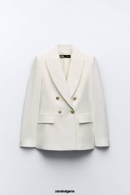 Zara облекло 66FT175 Жени двуредно яке с текстурирана тъкан бяла стрида