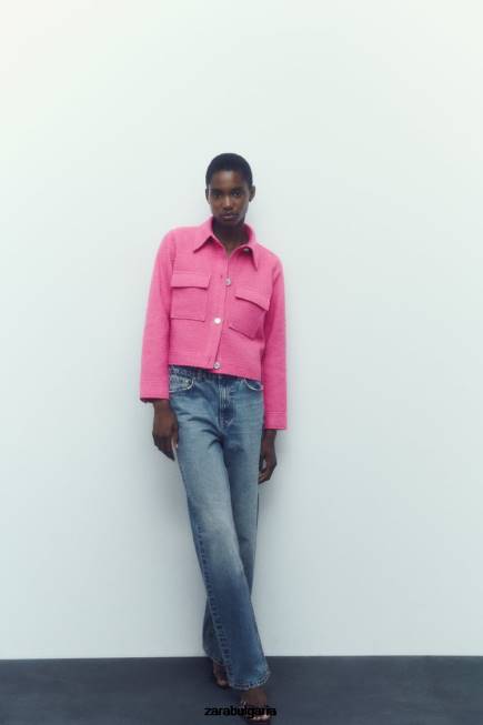 Zara облекло 66FT180 Жени текстуриран къс блейзър розово