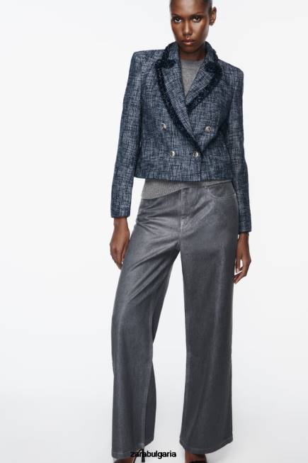 Zara облекло 66FT181 Жени текстуриран къс блейзър тъмносин