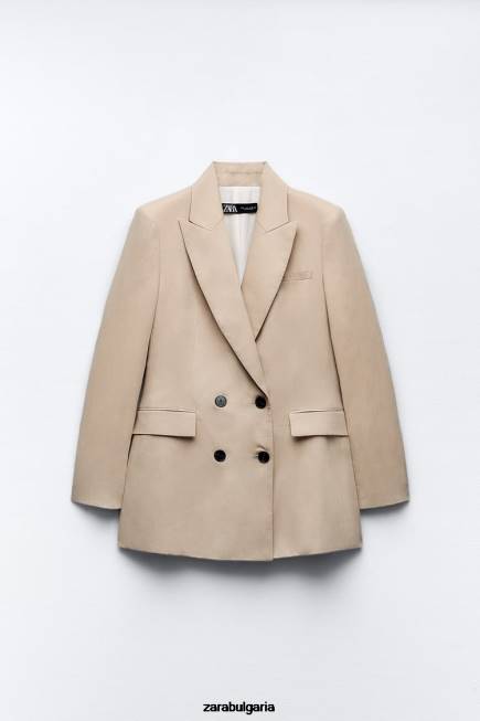 Zara облекло 66FT183 Жени двуредно сако от ленена смес пясък