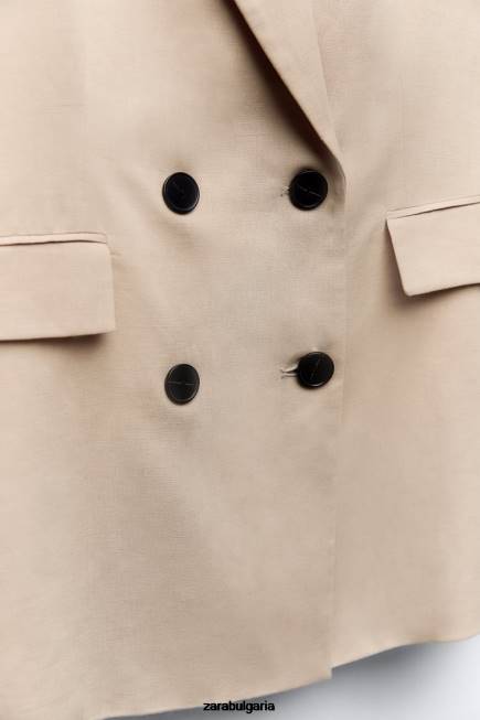 Zara облекло 66FT183 Жени двуредно сако от ленена смес пясък