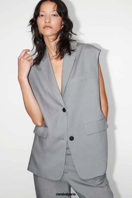 Zara облекло 66FT184 Жени голяма жилетка от смесен лен сиво