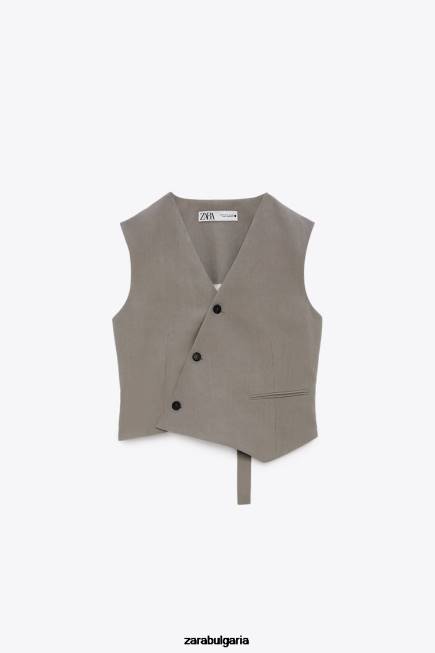 Zara облекло 66FT185 Жени асиметрична двуредна жилетка ограничено издание сиво