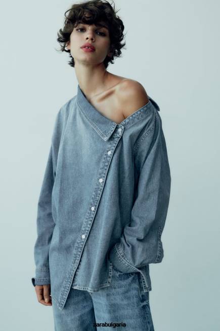 Zara облекло 66FT287 Жени trf асиметрична дънкова риза светло синьо