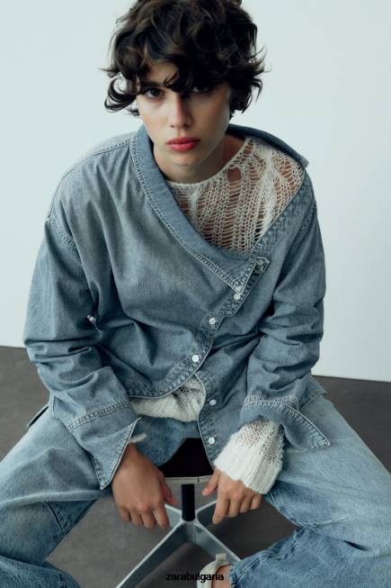 Zara облекло 66FT287 Жени trf асиметрична дънкова риза светло синьо