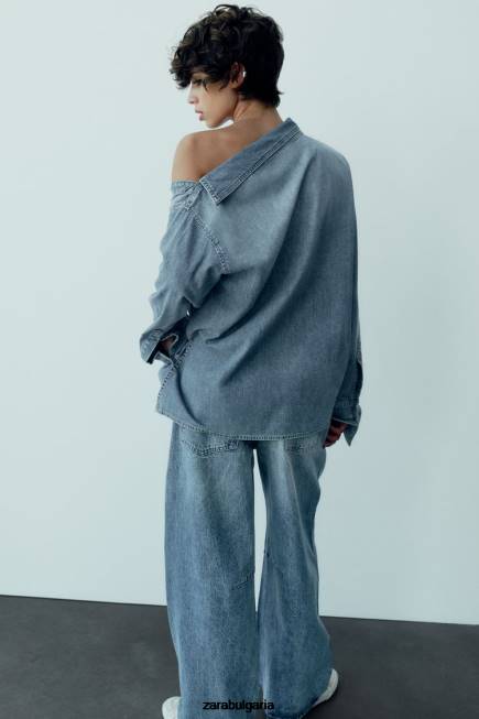 Zara облекло 66FT287 Жени trf асиметрична дънкова риза светло синьо