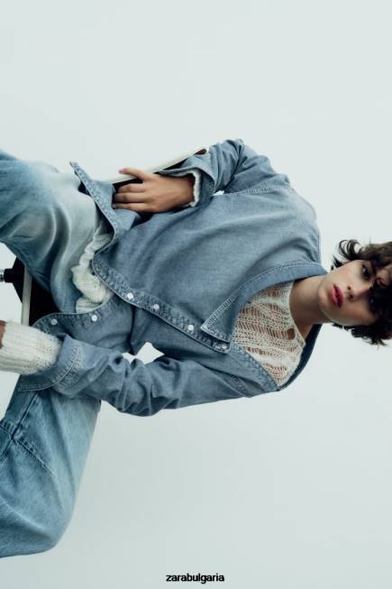 Zara облекло 66FT287 Жени trf асиметрична дънкова риза светло синьо