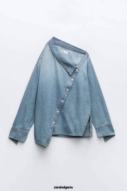 Zara облекло 66FT287 Жени trf асиметрична дънкова риза светло синьо