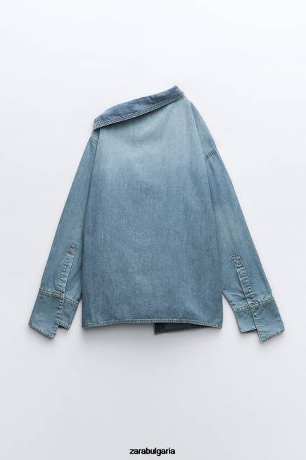 Zara облекло 66FT287 Жени trf асиметрична дънкова риза светло синьо