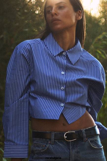 Zara облекло 66FT288 Жени раирана изрязана риза синьо/бяло